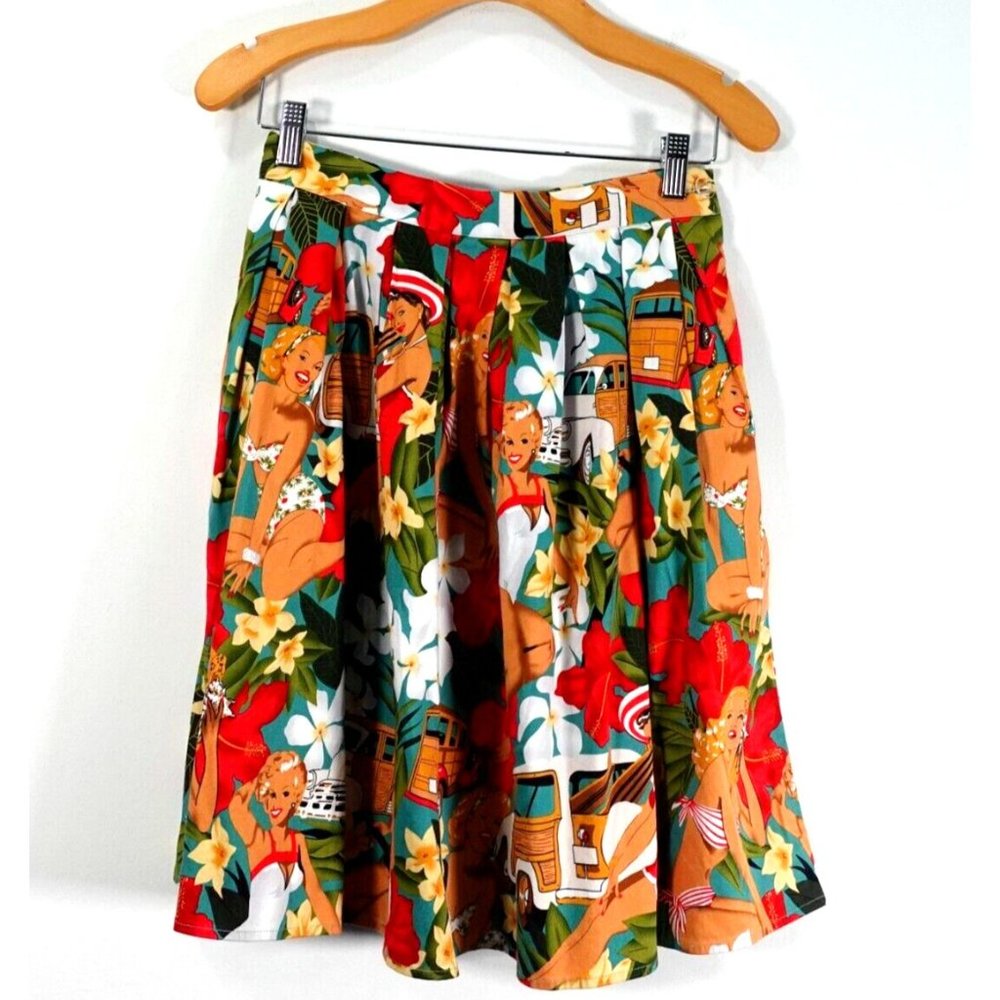 VINTAGE Hawaiian Skirt Small Mini Pleated Swing Tiki Pin Up Beach GRACE KARIN